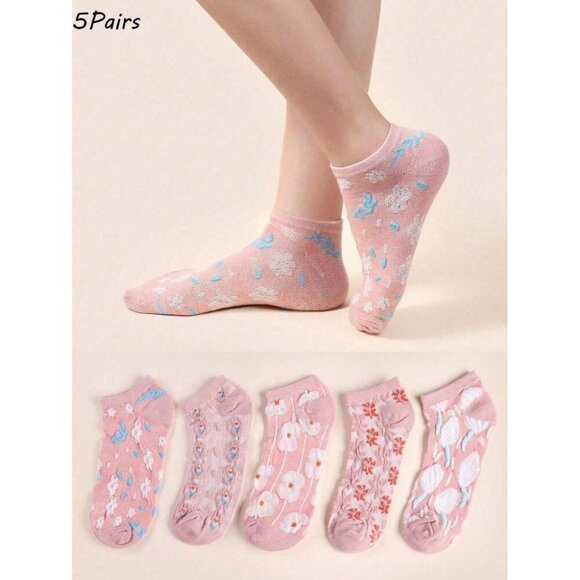 Women 5 Pairs Low-Cut Floral Print Ankle Short Socks Double-Line Anti-Slip - Picture 3 of 11